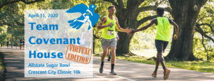 Cresent City Classic Virtual Edition promotion, with two runners high-fiving in the background